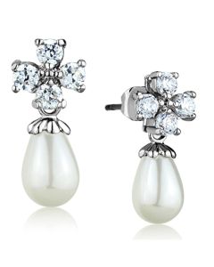Rhodium Brass Earrings with Synthetic Pearl in White