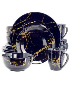 Elama Fine Marble 16 Piece Porcelain Dinnerware Set in Dark Blue with Gold Veining Be the first to revie