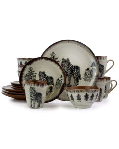 Elama Majestic Wolf 16 Piece Luxurious Stoneware Dinnerware with Complete Setting for 4