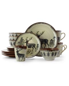 Elama Majestic Elk 16 Piece Luxurious Stoneware Dinnerware with Complete Setting for 4