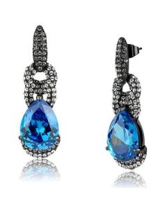 JCE2708 IP Light Black (IP Gun) Stainless Steel Earrings with AAA Grade CZ in Sea Blue 
