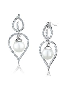 Rhodium 925 Sterling Silver Earrings with Semi-Precious Glass Bead in White